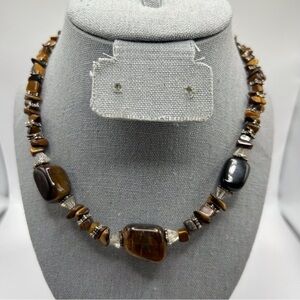 Genuine Tiger's Eye Genuine Stone Beaded Necklace with Silver Tone Spacers 17"